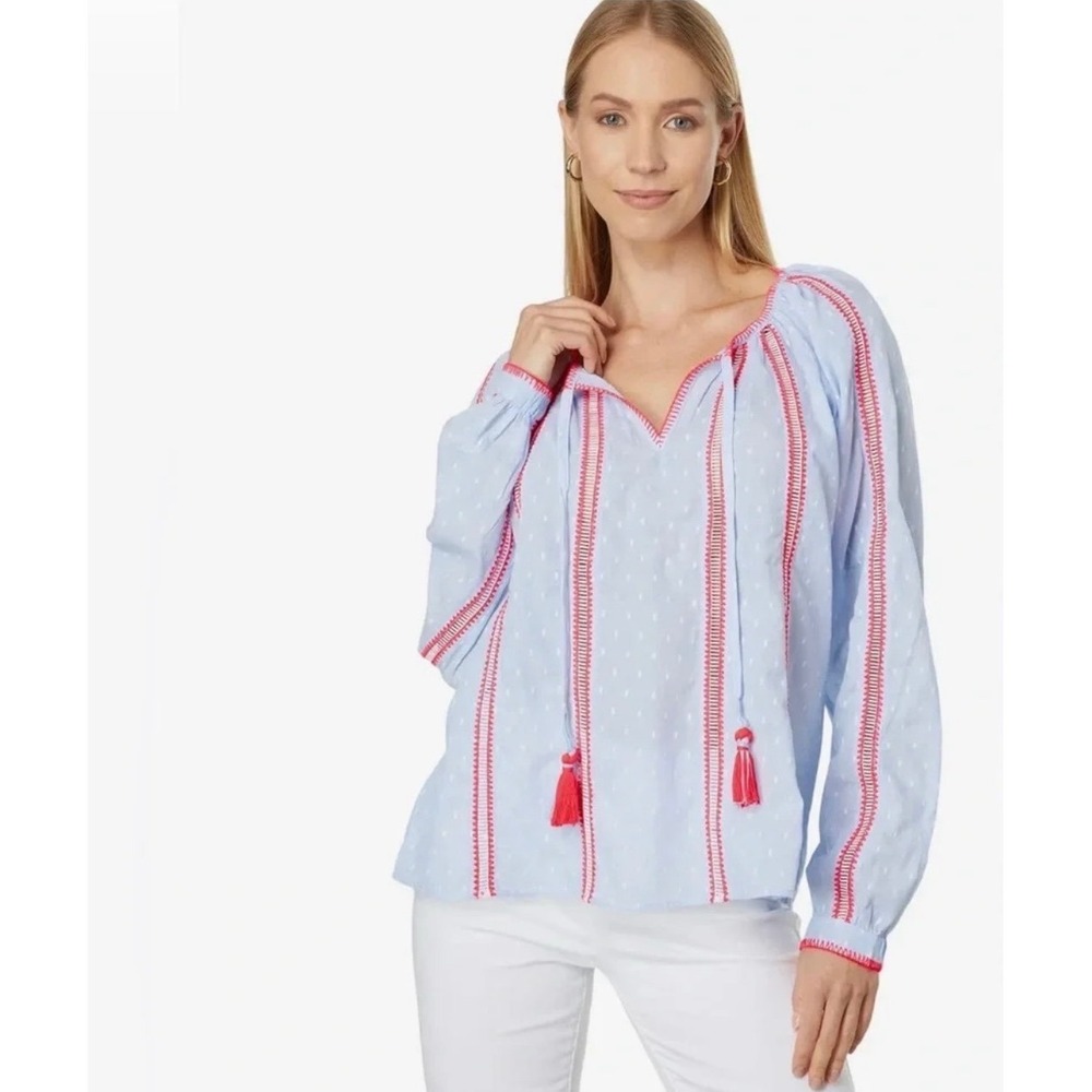 LILLY PULITZER Blue Chambray & Neon Pink Long Sleeve Mardi Top Tassels | XS